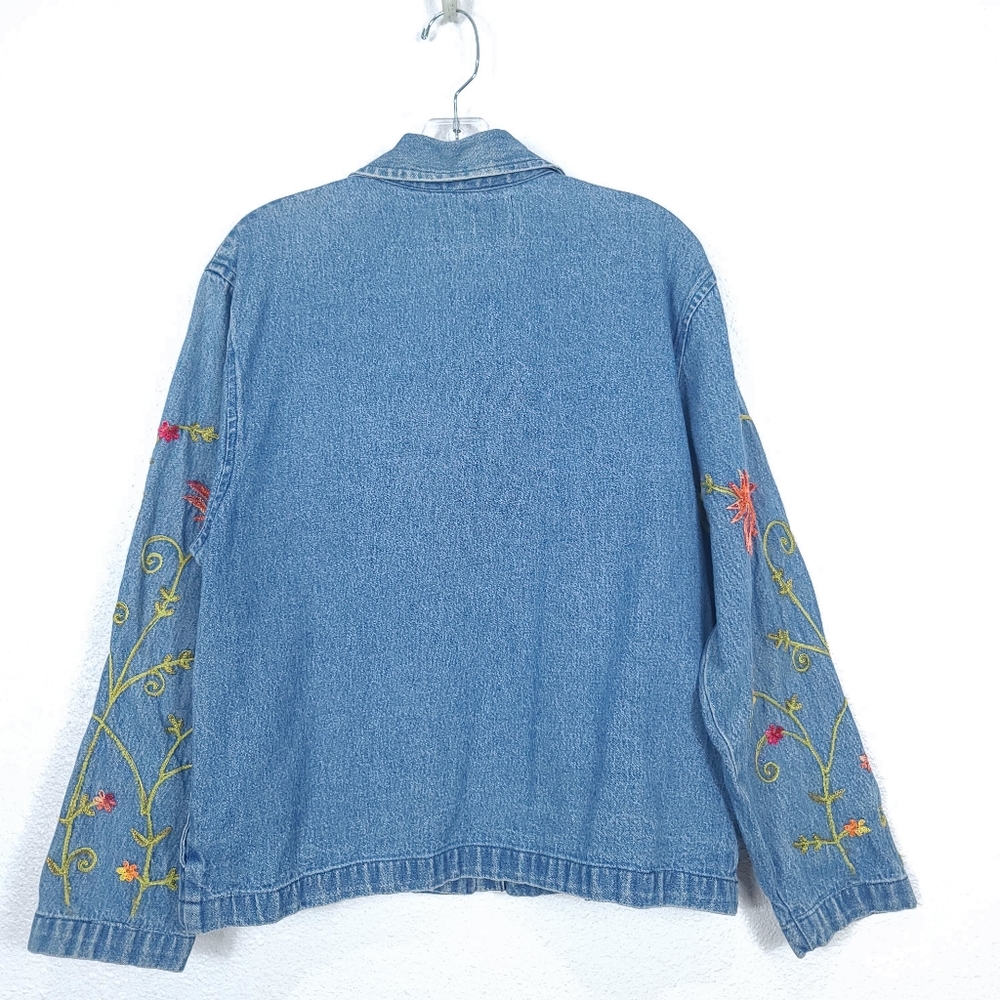 Tantrums Blue Denim Button-Down Jacket with Orange & Red Floral Embroidery - Picture 11 of 13